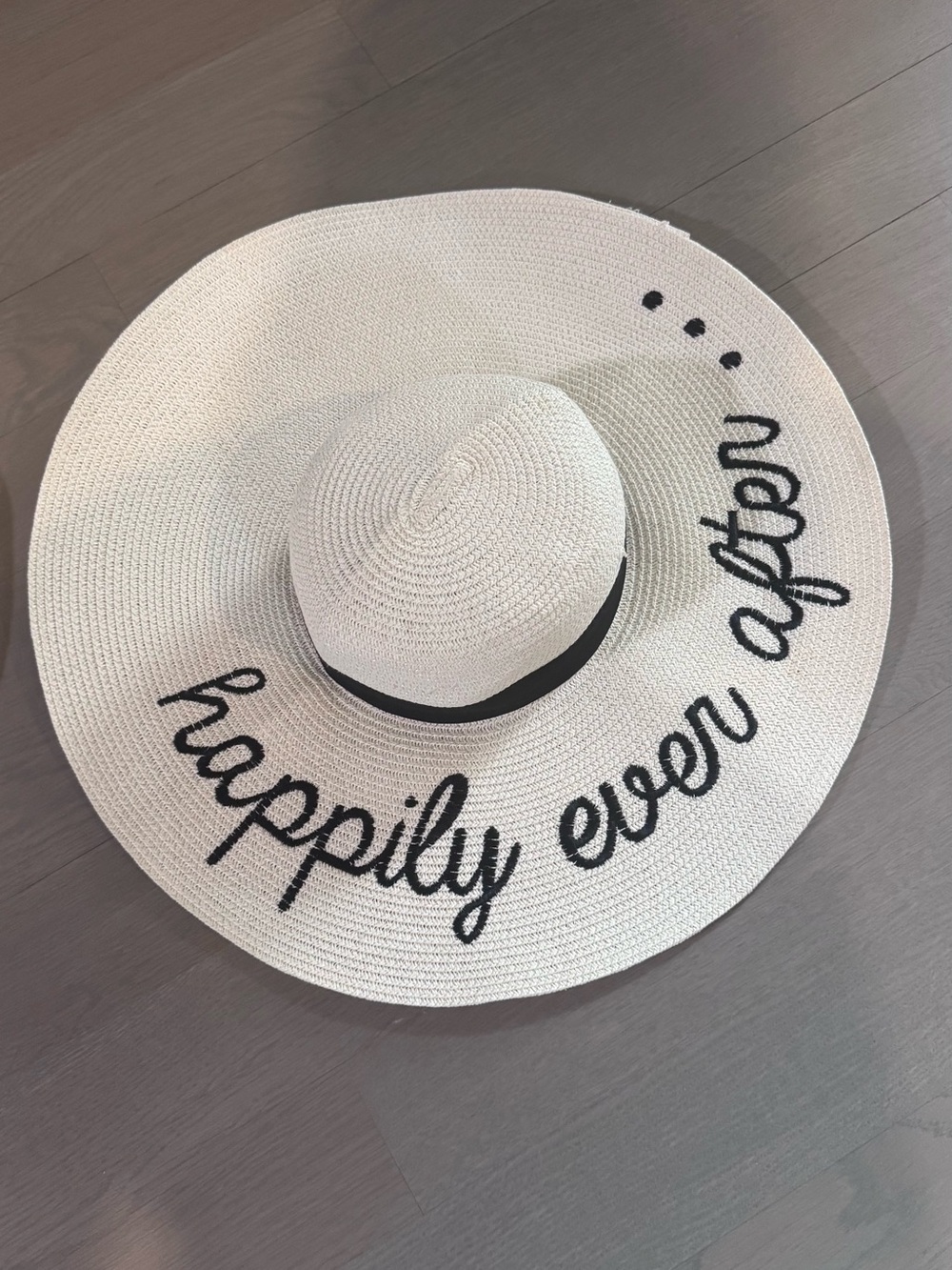 BRAND NEW Wide Brim Straw Sun Hat - "happily ever after" - White with Black Trim